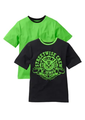 Camiseta para niños (2 unidades) de algodón orgánico Negro/verde brillante